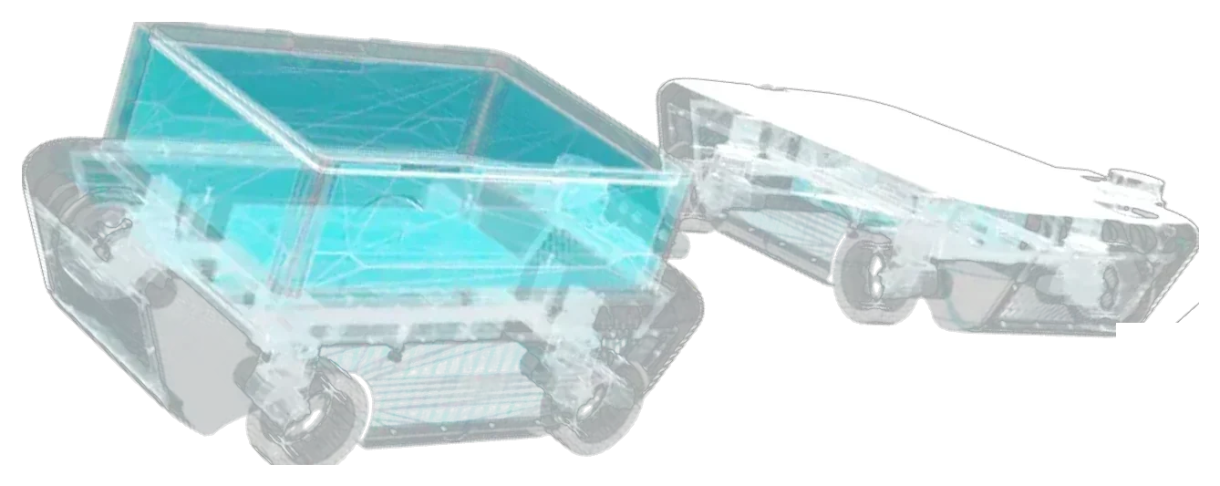Vue en transparence de deux robots Silvy : structure, roues et bac de charge