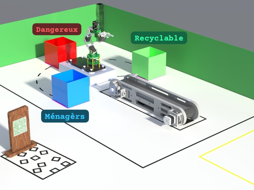 Station de tri du TRC : bras robotique, convoyeur et bacs de couleur